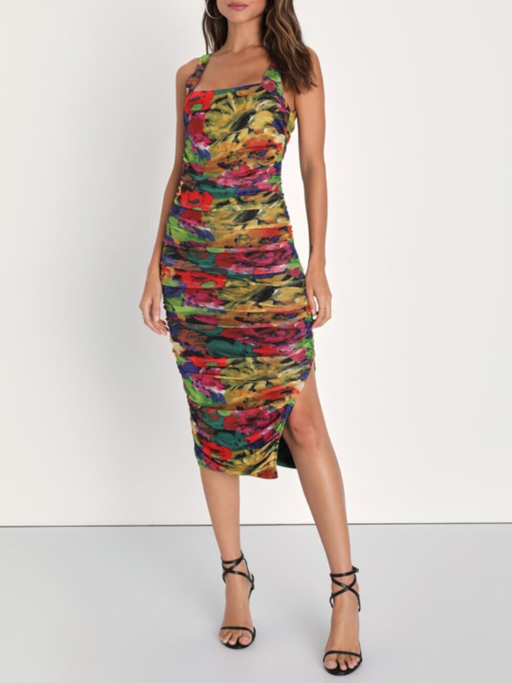 Lulus Don't Ruche It Black Multi Abstract Print Mesh Ruched Midi Dress - Size S
